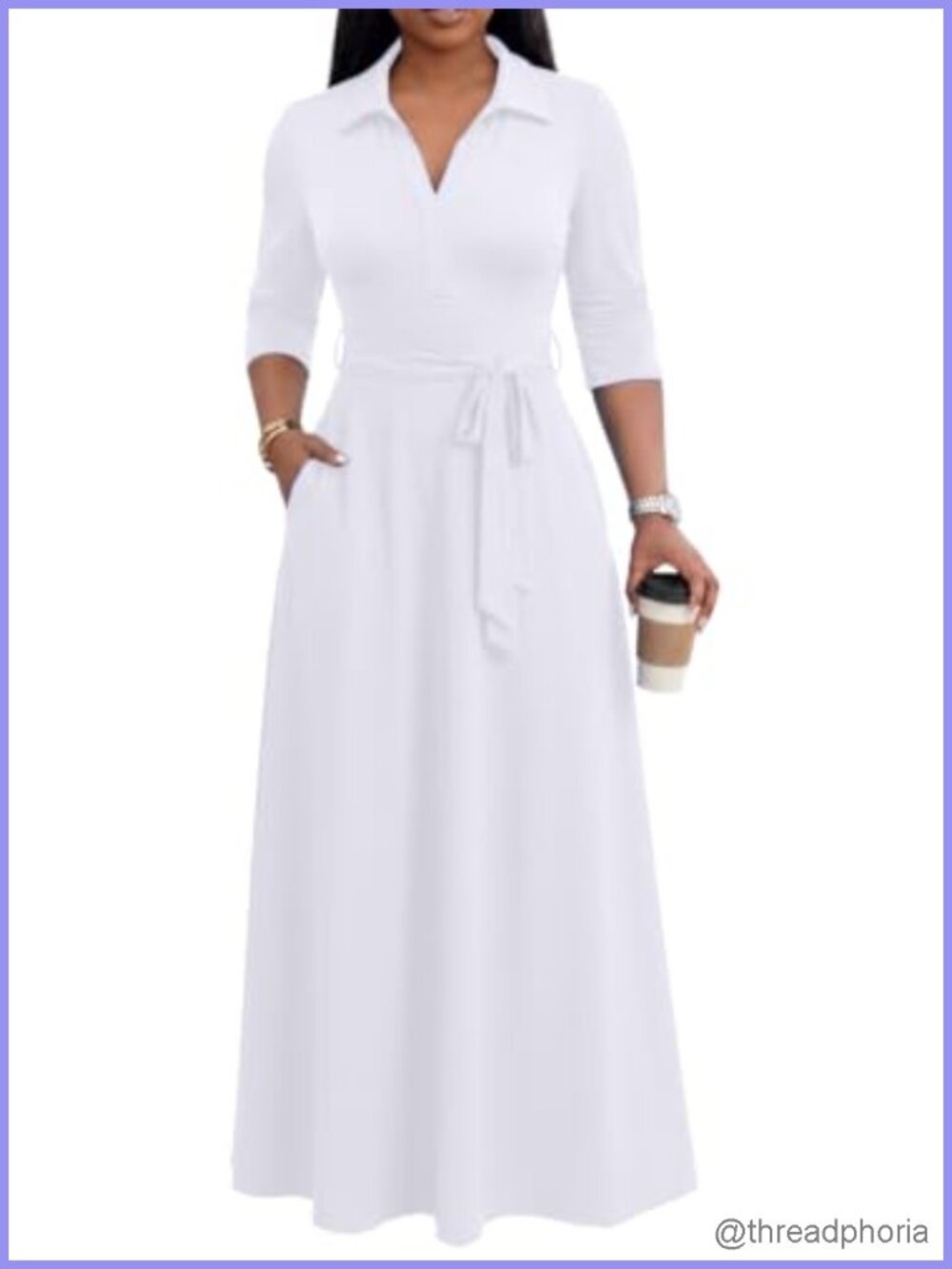 Women's Maxi Dress V Neck 3/4 Sleeve Semi Formal Church Dress with Pockets